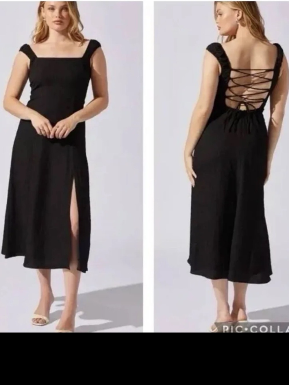 Astr Black Square-Neck Midi Dress with Lace-Up Back and Side Slit